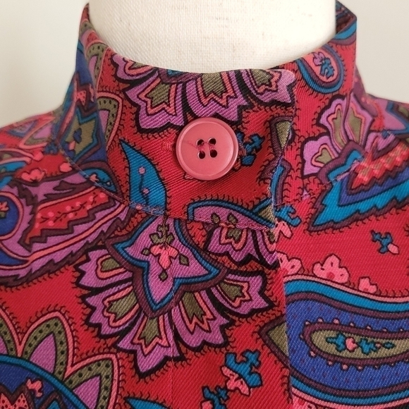 Vintage 70s Burgundy Paisley Button Front Long Sleeve Pleated Shirt Dress Size 4 - Picture 4 of 16